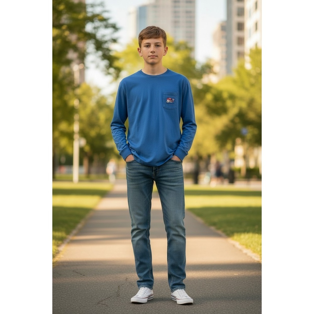 Vineyard Vines Boys Long Sleeve Hockey Whale Graphic Pocket T-Shirt Blue SZ L